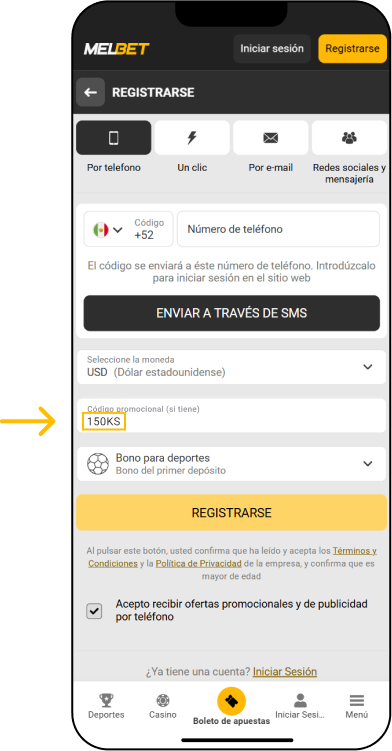 Cómo usar el código promocional - App Melbet México