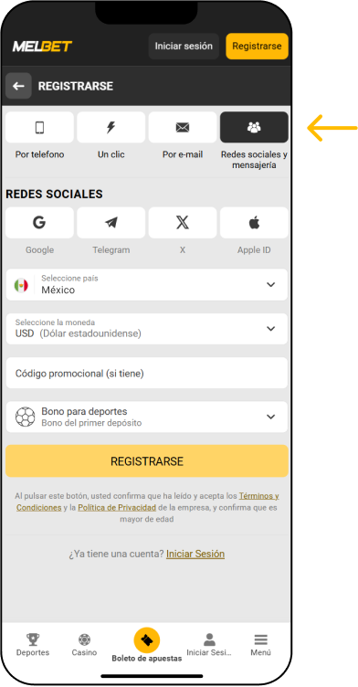 Registro a través de redes sociales - App Melbet México