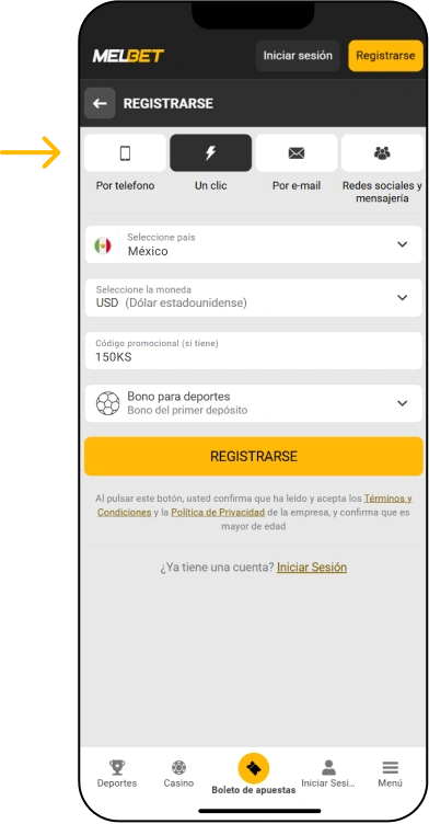 Registro en un clic - App Melbet México