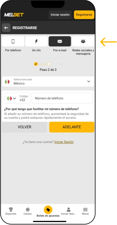 Registro por correo electrónico - App Melbet México
