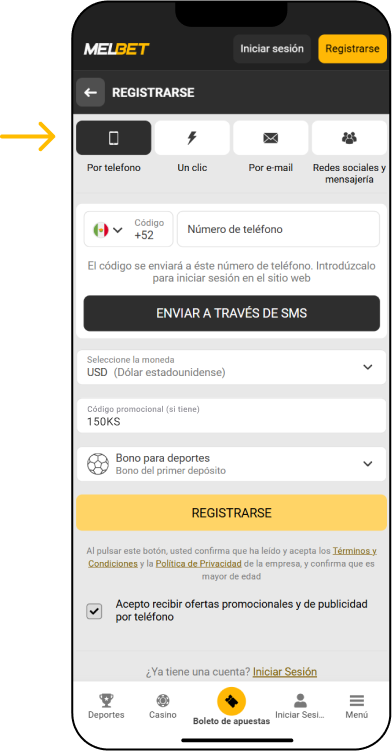 Registro por teléfono - App Melbet México