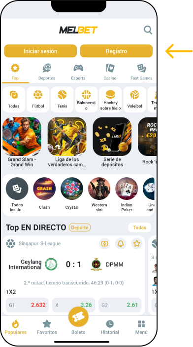 Selecciona el botón “Registrarse” - App Melbet México