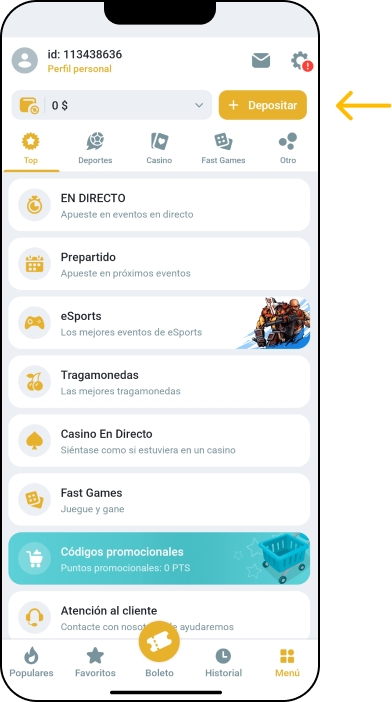Selecciona la opción “Realizar un depósito” - App Melbet México